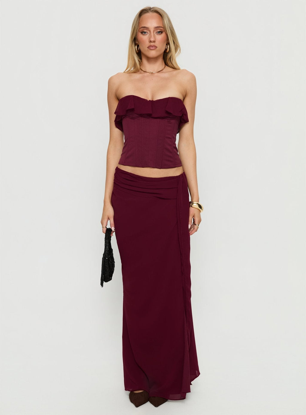 Women's Hollian Draped Maxi Skirt Wine | Maxi skirt with drape detail & mid-rise fit 6