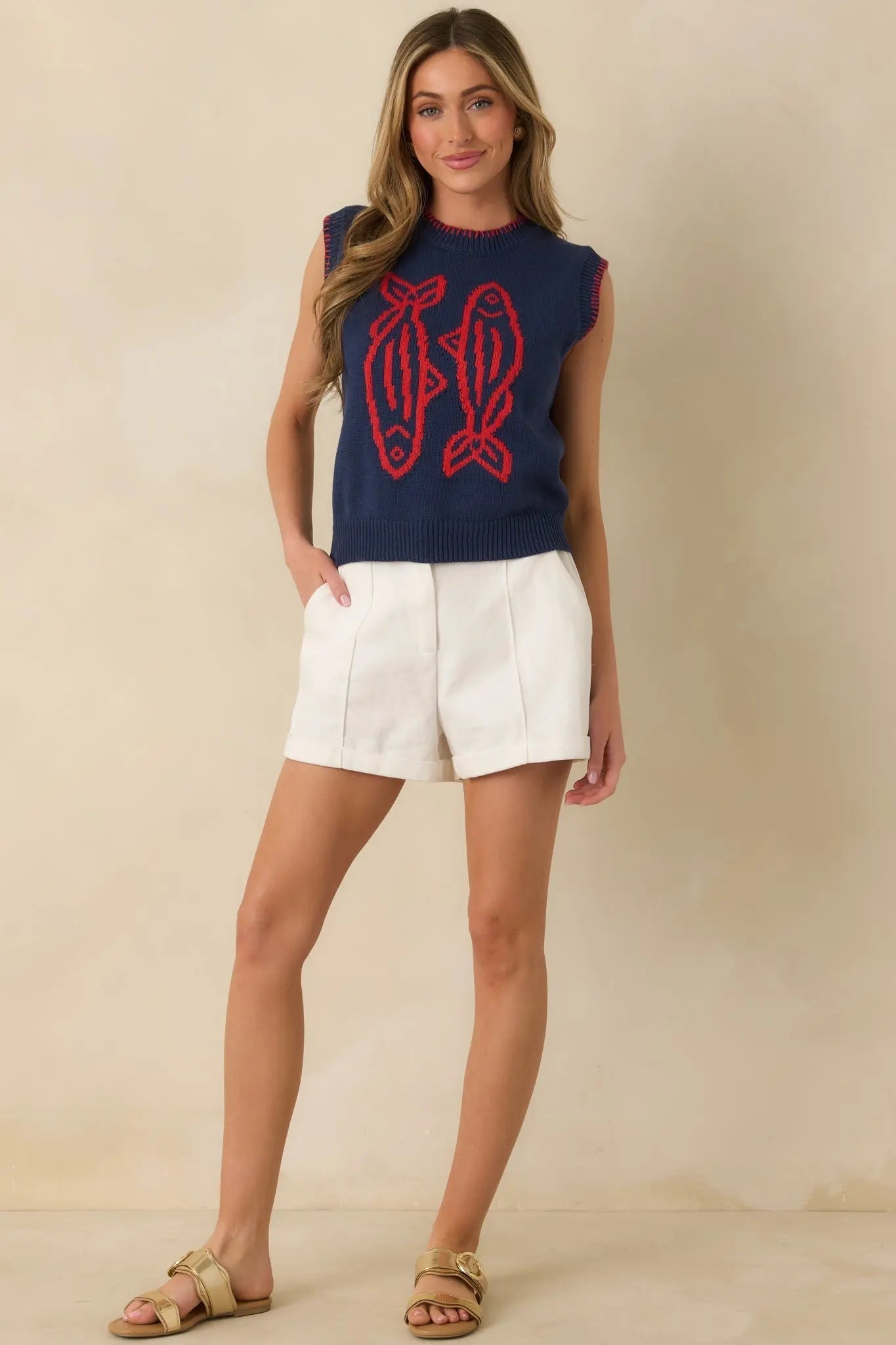 Women's Hooked On You Navy Knit Contrast Stitch Sweater Vest | 60% Cotton & 40% Acrylic 0