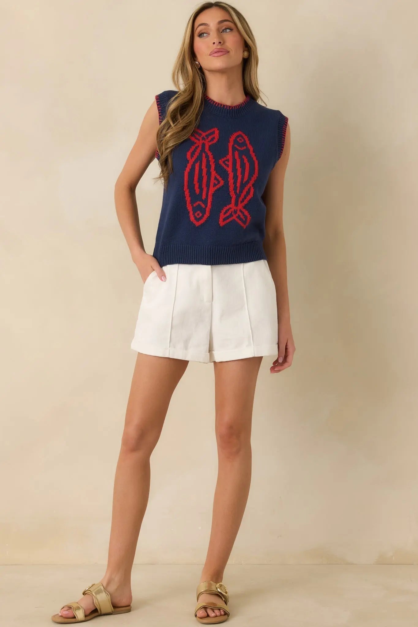 Women's Hooked On You Navy Knit Contrast Stitch Sweater Vest | 60% Cotton & 40% Acrylic 4