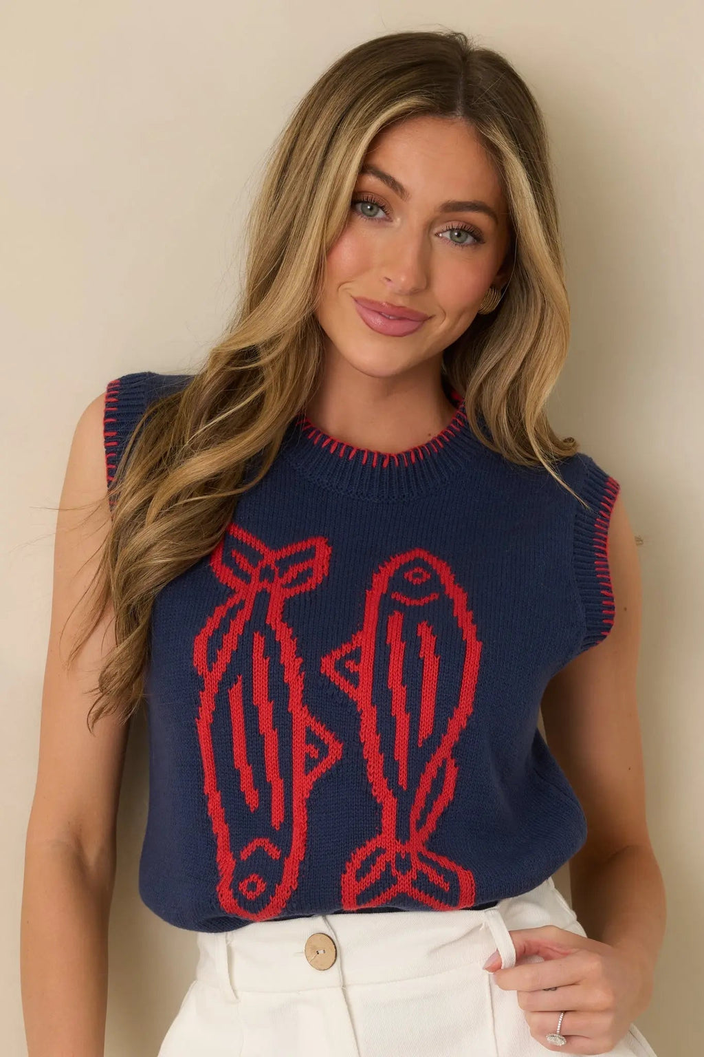 Women's Hooked On You Navy Knit Contrast Stitch Sweater Vest | 60% Cotton & 40% Acrylic 6