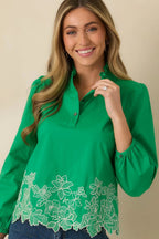 Women's I See You Spring Green Cotton Floral Embroidered Puff Sleeve Top | 100% Cotton 4