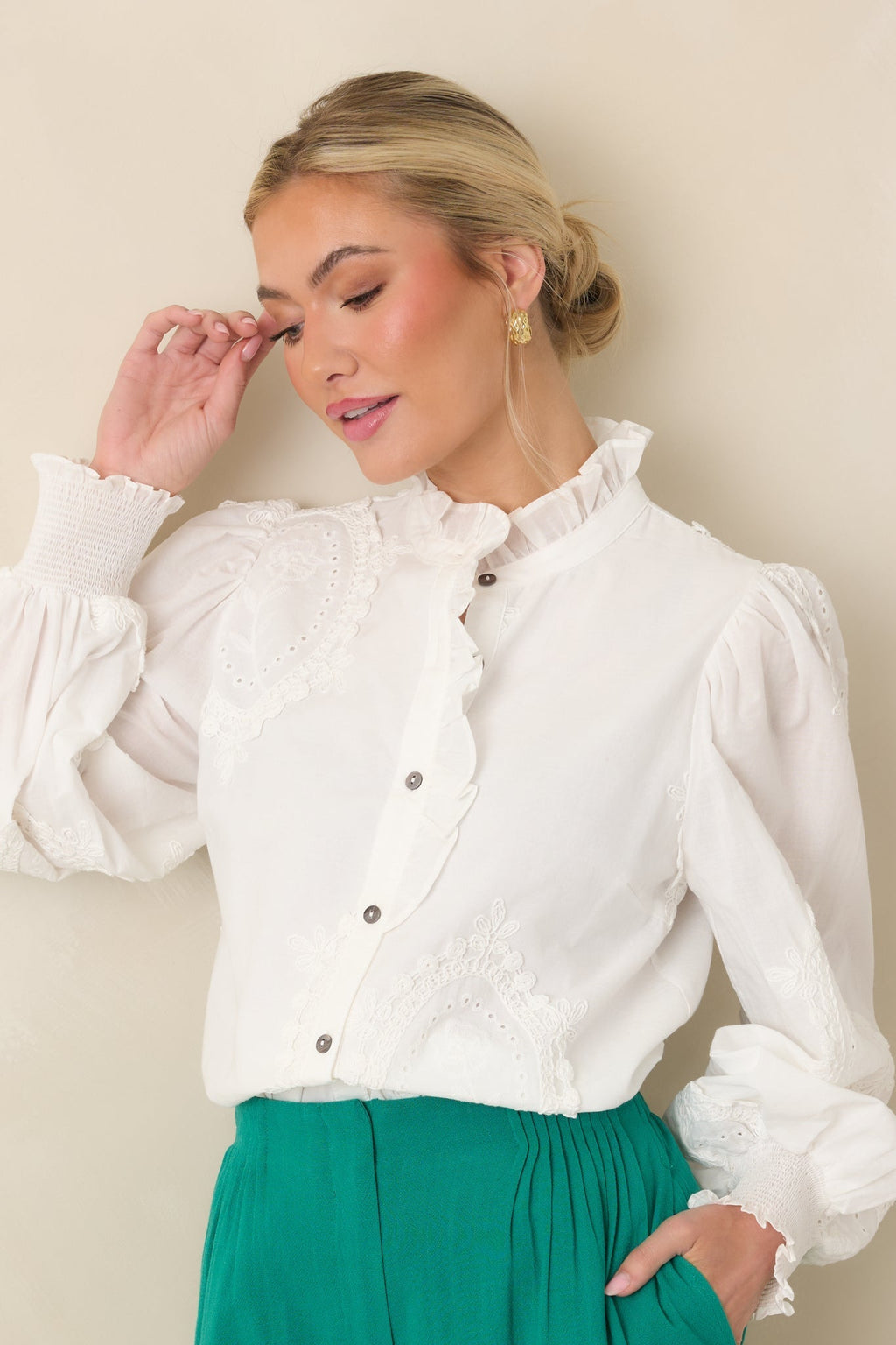 Women's I Will Be Here White Eyelet Appliqué Detail Cotton Long Sleeve Blouse | 100% Cotton 1