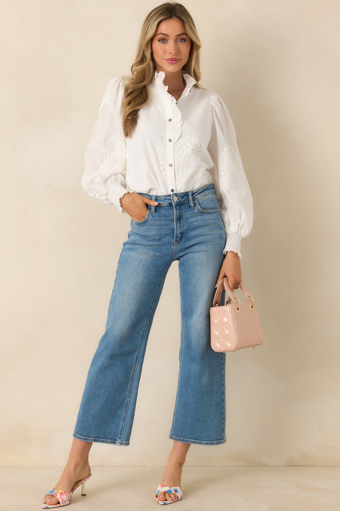 Women's I Will Be Here White Eyelet Appliqué Detail Cotton Long Sleeve Blouse | 100% Cotton 4