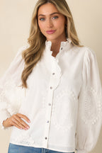 Women's I Will Be Here White Eyelet Appliqué Detail Cotton Long Sleeve Blouse | 100% Cotton 6