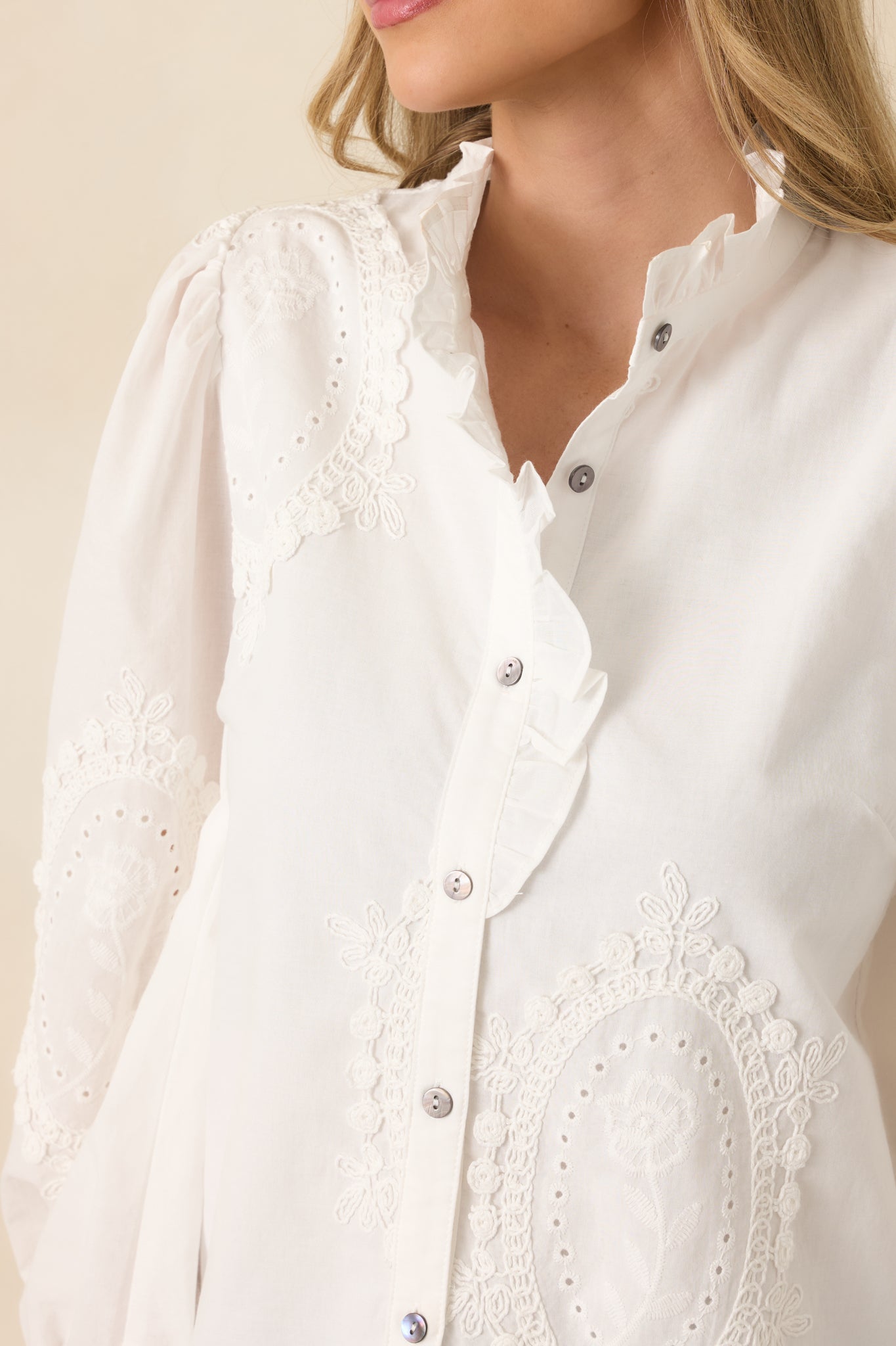 Women's I Will Be Here White Eyelet Appliqué Detail Cotton Long Sleeve Blouse | 100% Cotton 7