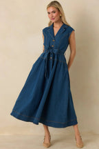 Women's I'm All In Dark Wash Denim Tie-Belt Midi Dress | 50% Cotton 5