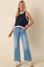 Women's In Good Form Navy Stretch Knit Contrast Trim Top | 55% Rayon 6