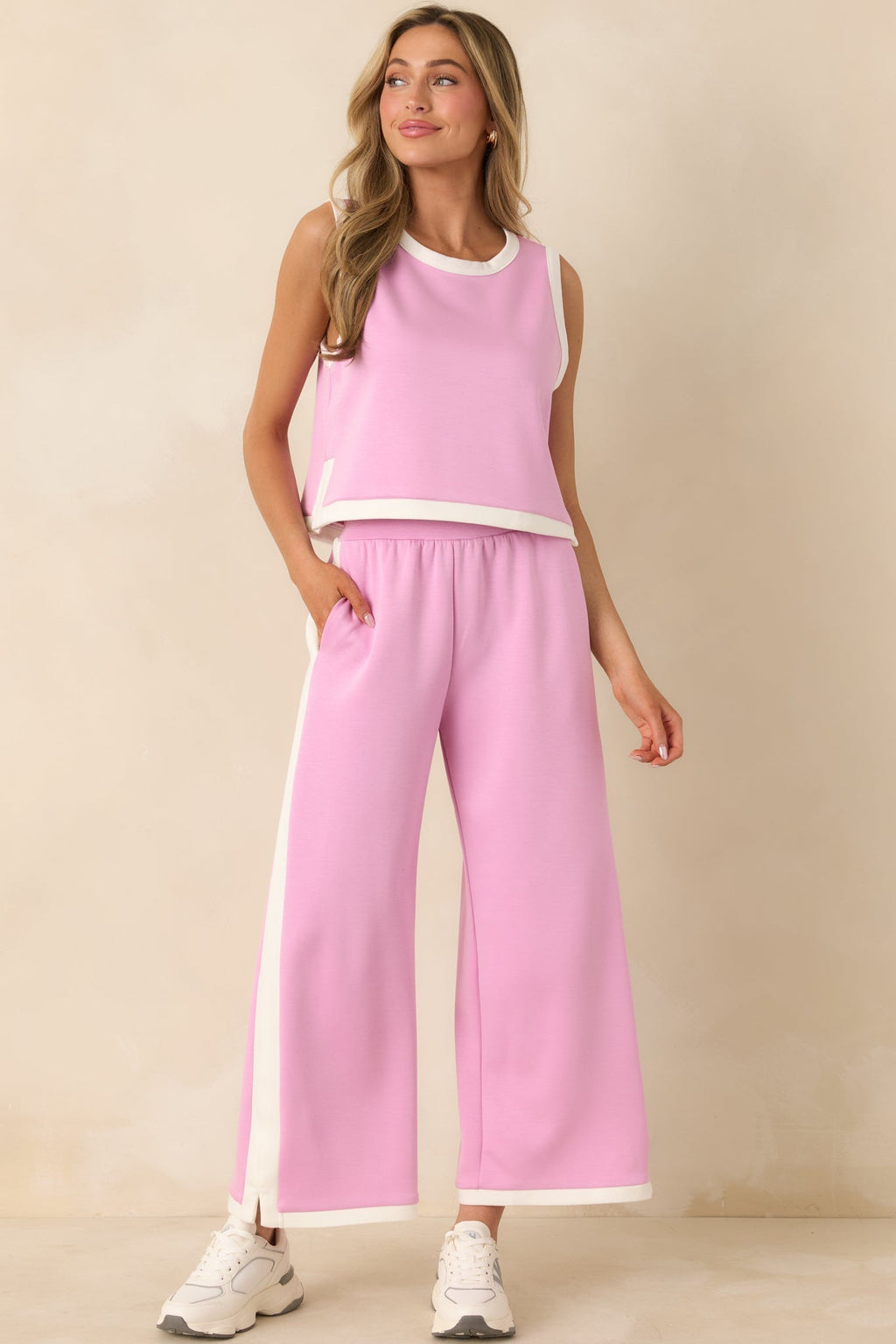 Women's In Good Form Orchid Pink Stretch Knit Contrast Trim Pants | 55% Rayon 2