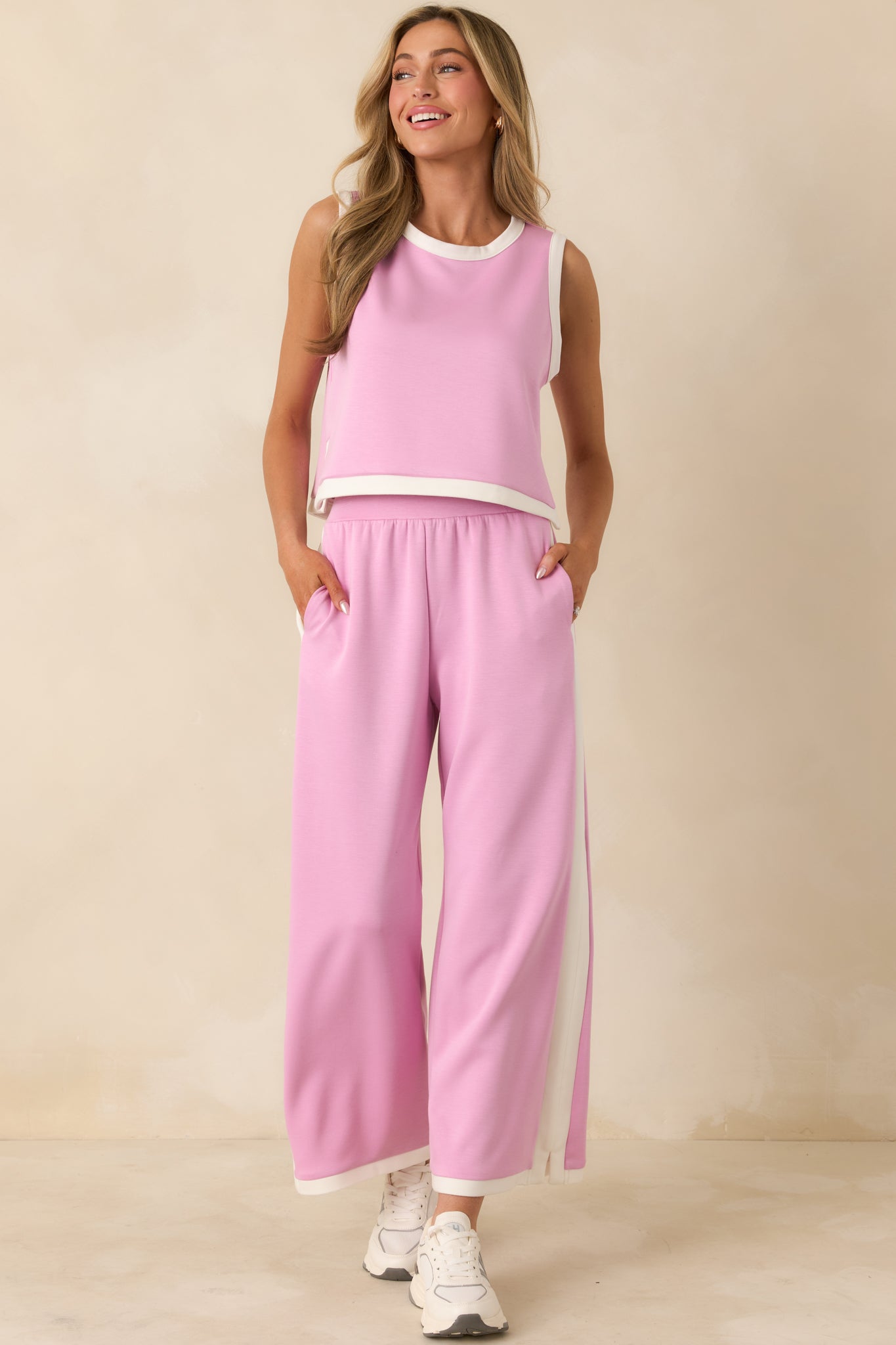 Women's In Good Form Orchid Pink Stretch Knit Contrast Trim Pants | 55% Rayon 3