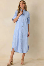 Women's In Perfect Order Blue Stripe Button Front Ruffle Collar Midi Shirt Dress | 100% Polyester 0