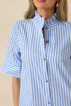 Women's In Perfect Order Blue Stripe Button Front Ruffle Collar Midi Shirt Dress | 100% Polyester 2