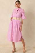 Women's In Perfect Order Pink Stripe Button Front Ruffle Collar Midi Shirt Dress | 100% Polyester 0