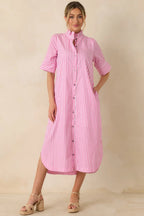 Women's In Perfect Order Pink Stripe Button Front Ruffle Collar Midi Shirt Dress | 100% Polyester 5