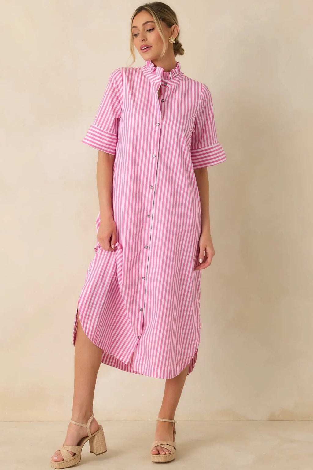 Women's In Perfect Order Pink Stripe Button Front Ruffle Collar Midi Shirt Dress | 100% Polyester 6
