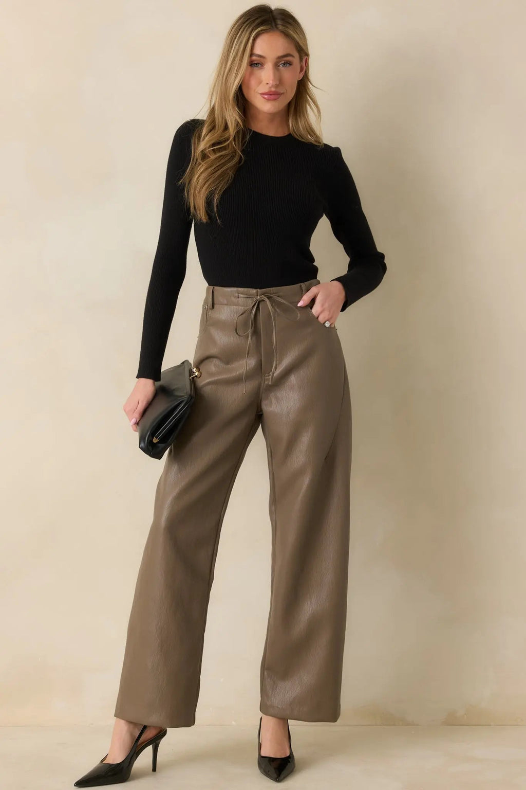 Women's In The Mix Light Brown Faux Leather Wide Leg Pants | 55% Polyurethane & 45% Viscose 2