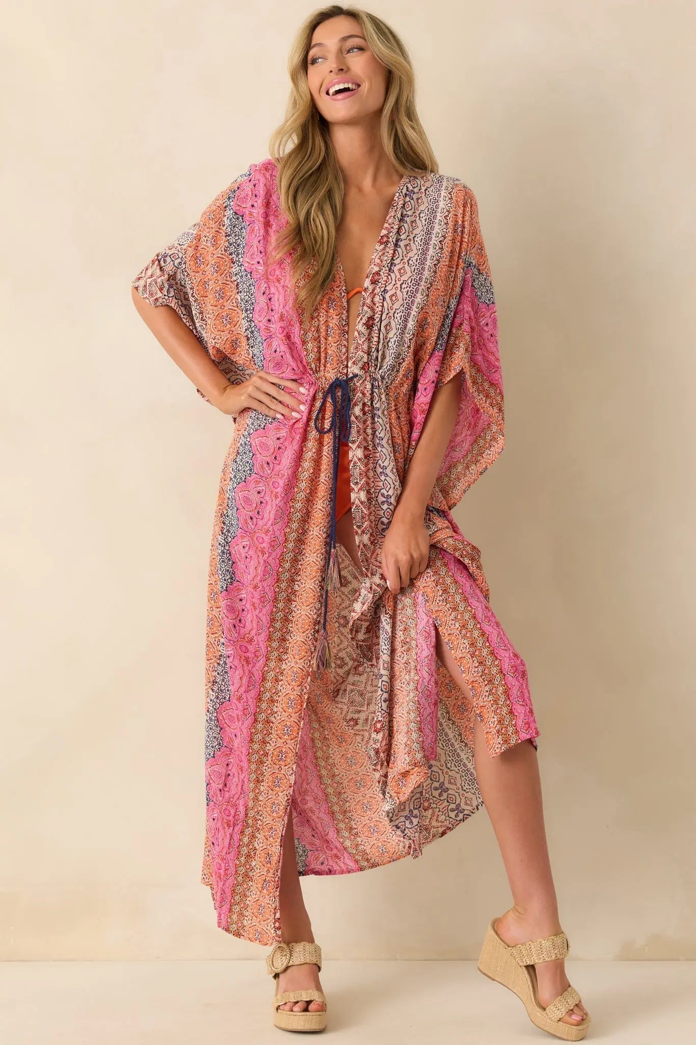 Women's In The Salty Air Pink Coral Multi Print Cover Up Maxi Dress | 99% Viscose & 1% Metallic 4