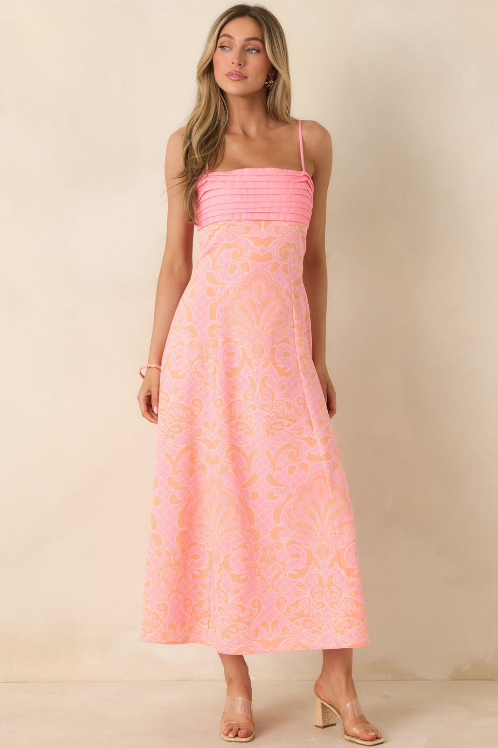 Women's In the Glow Pink & Orange Jacquard Pleated Bust Midi Dress | 50% Cotton 2