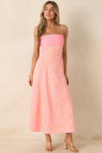Women's In the Glow Pink & Orange Jacquard Pleated Bust Midi Dress | 50% Cotton 2