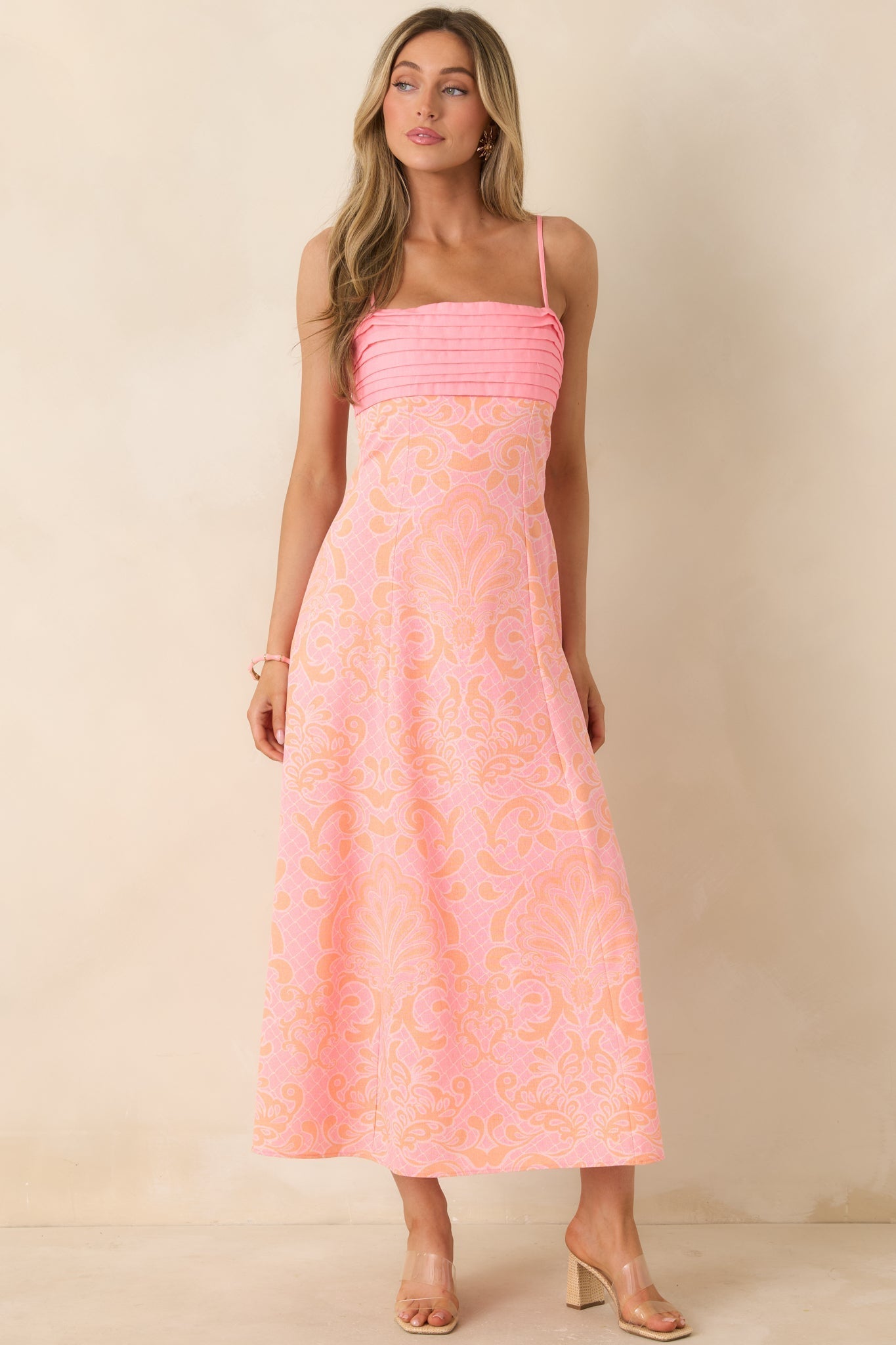 Women's In the Glow Pink & Orange Jacquard Pleated Bust Midi Dress | 50% Cotton 2