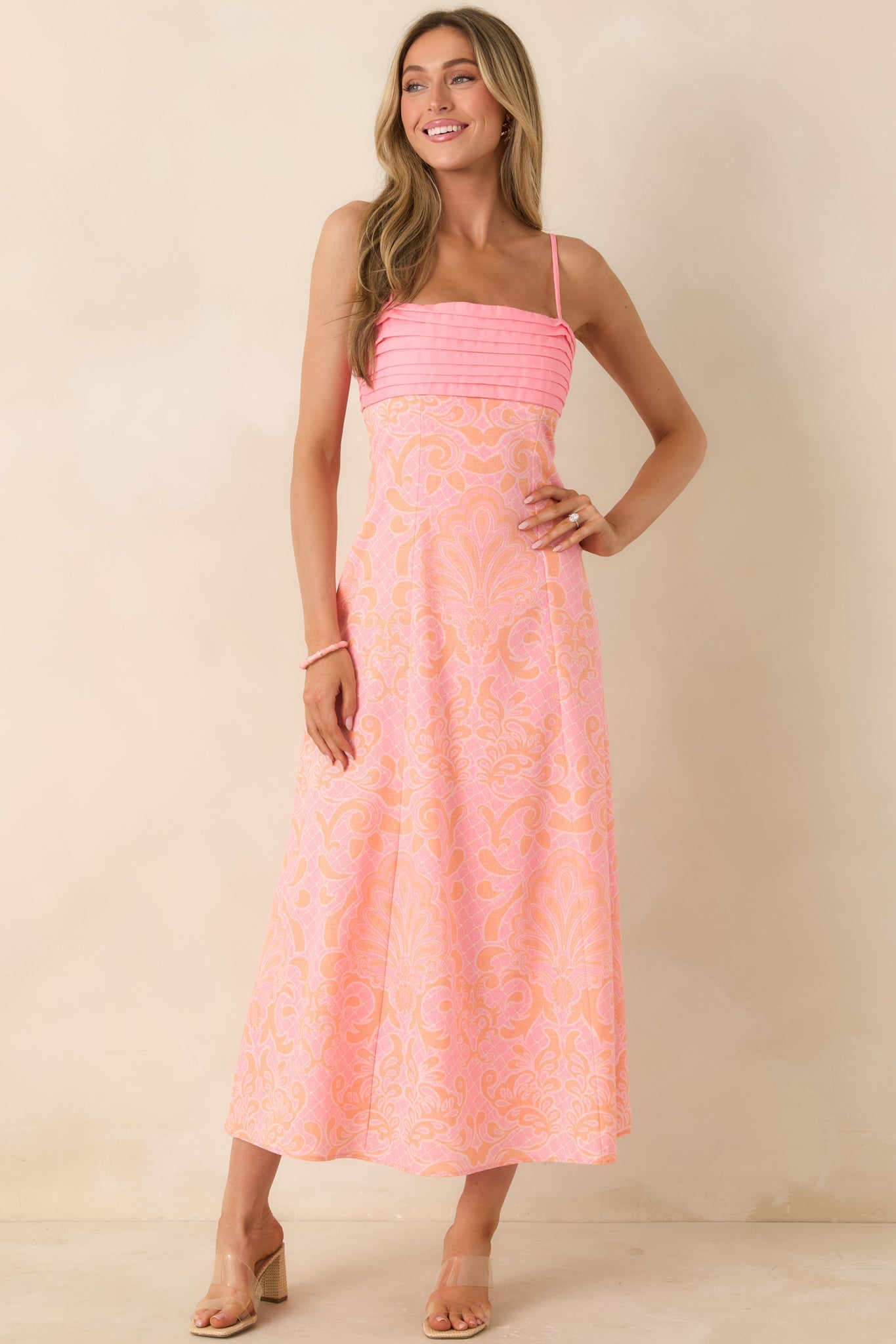 Women's In the Glow Pink & Orange Jacquard Pleated Bust Midi Dress | 50% Cotton 3