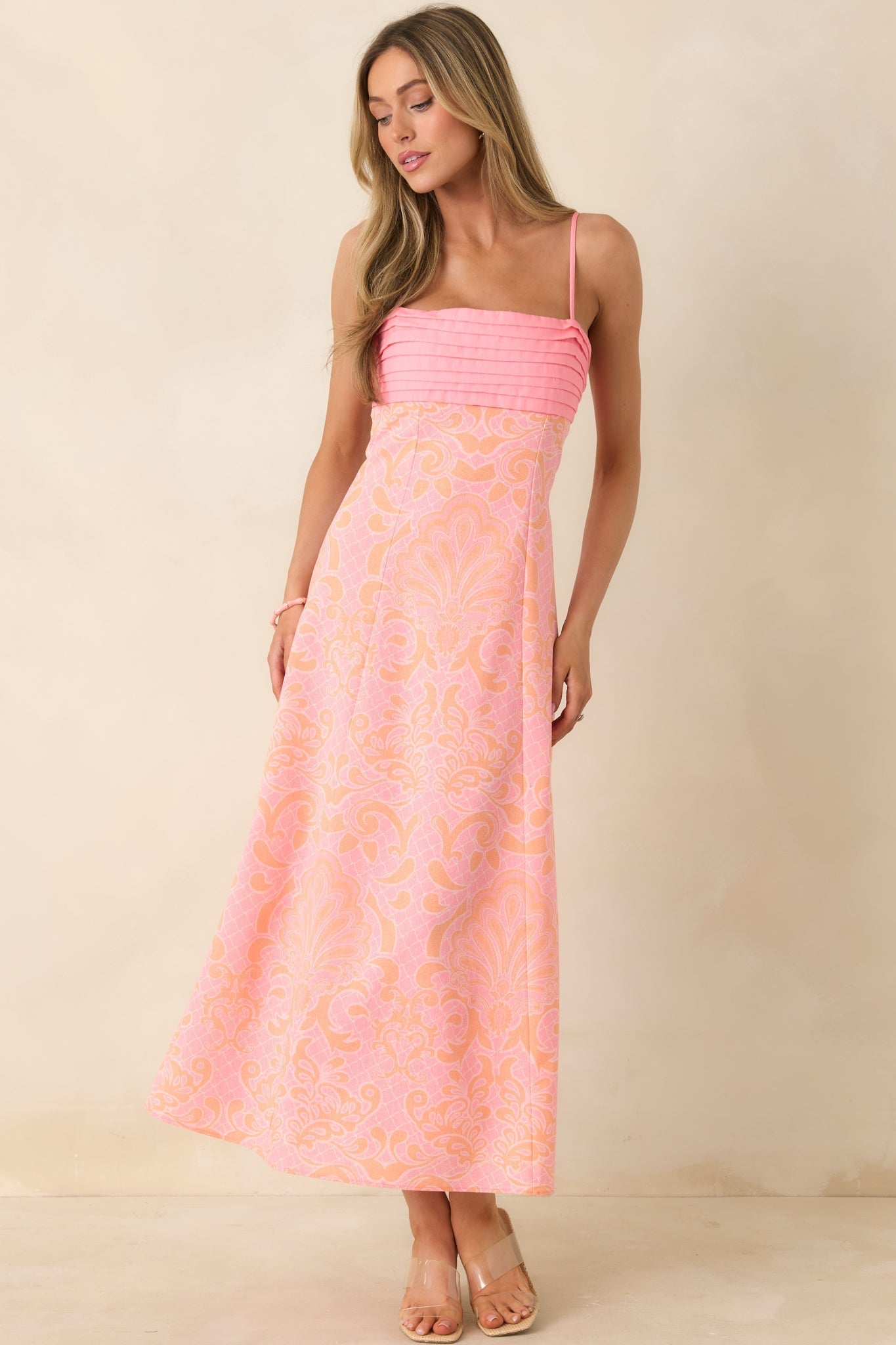 Women's In the Glow Pink & Orange Jacquard Pleated Bust Midi Dress | 50% Cotton 5