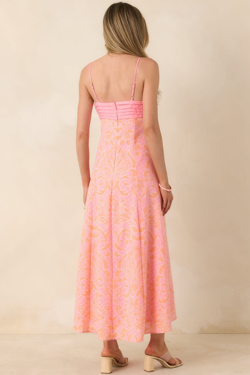 Women's In the Glow Pink & Orange Jacquard Pleated Bust Midi Dress | 50% Cotton 6