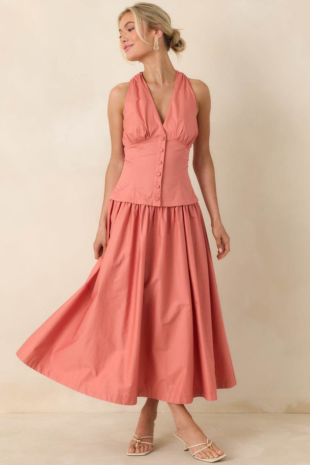 Women's In the Warm Breeze Coral Orange Cotton Structured Bodice Sleeveless Midi Dress | 100% Cotton 0