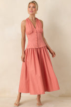 Women's In the Warm Breeze Coral Orange Cotton Structured Bodice Sleeveless Midi Dress | 100% Cotton 2
