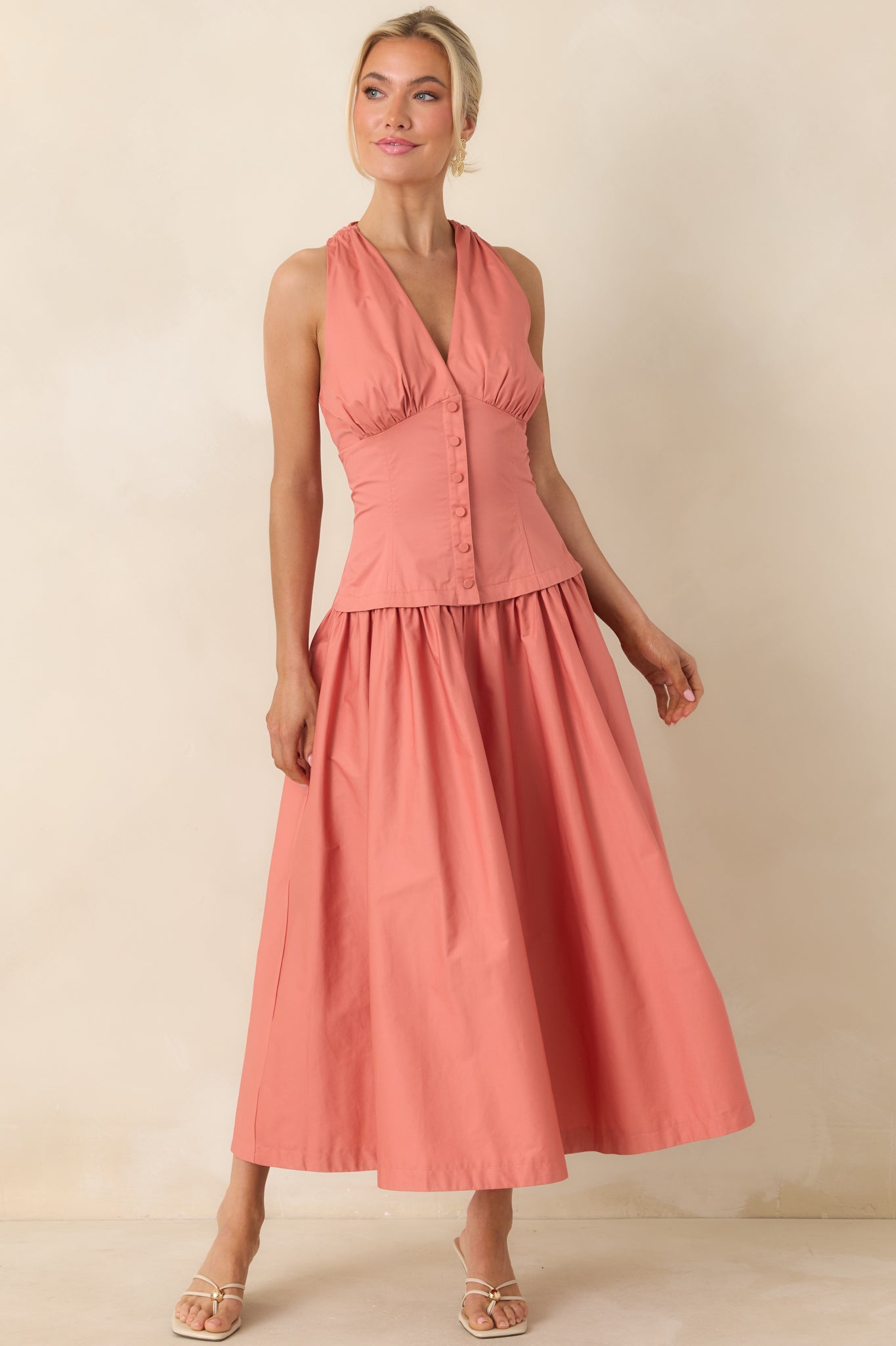 Women's In the Warm Breeze Coral Orange Cotton Structured Bodice Sleeveless Midi Dress | 100% Cotton 2