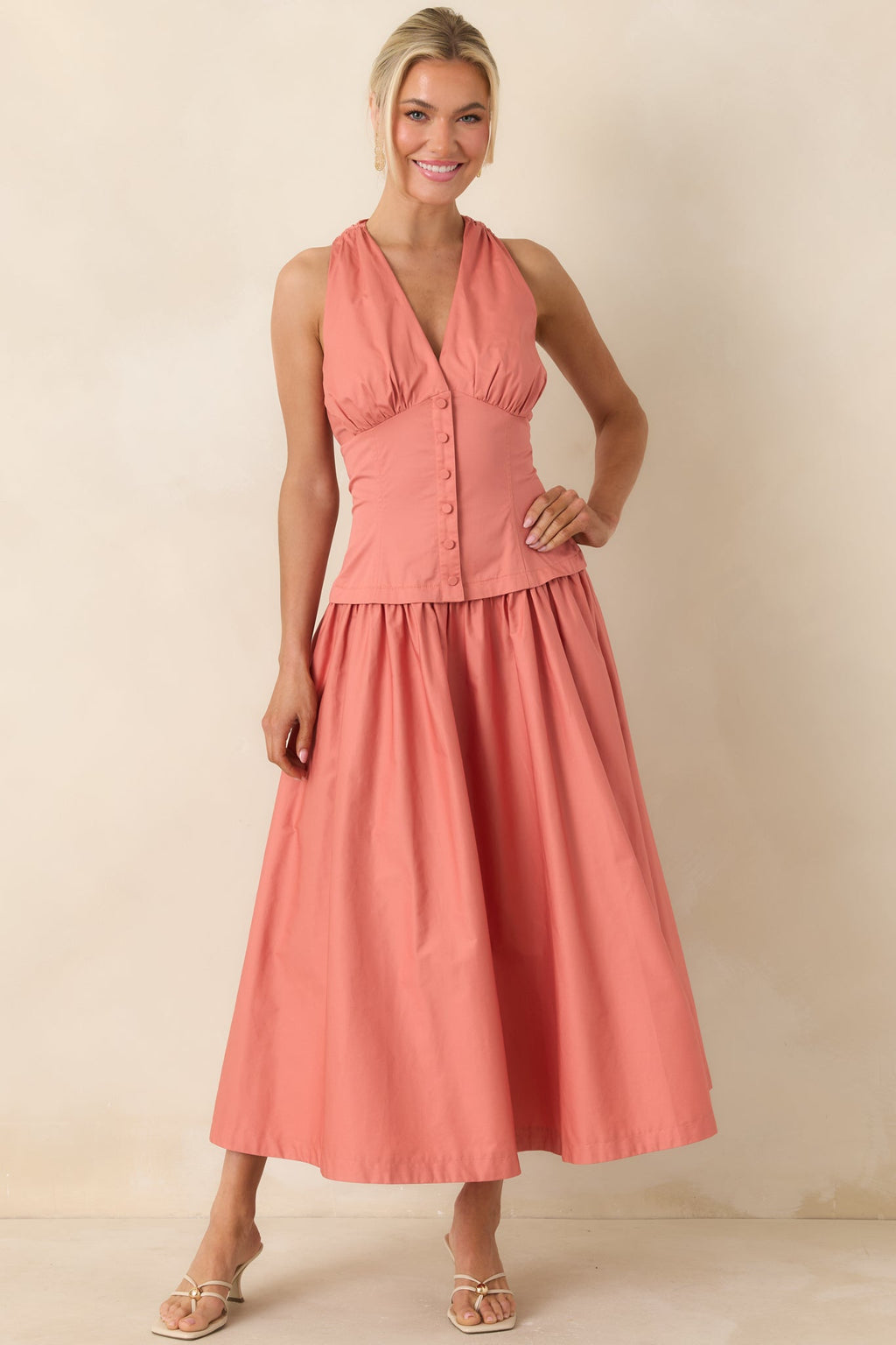 Women's In the Warm Breeze Coral Orange Cotton Structured Bodice Sleeveless Midi Dress | 100% Cotton 3