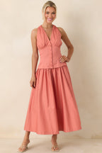 Women's In the Warm Breeze Coral Orange Cotton Structured Bodice Sleeveless Midi Dress | 100% Cotton 3