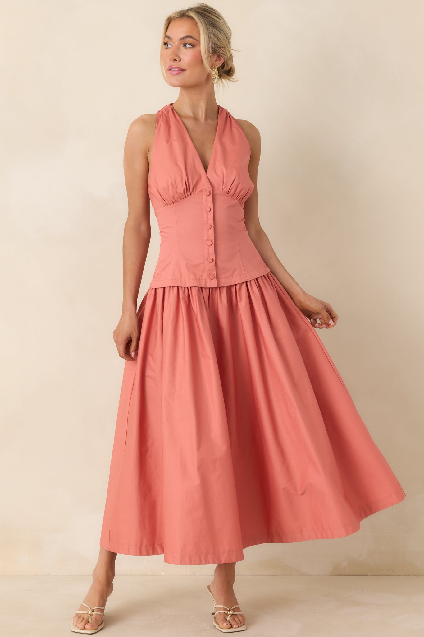 Women's In the Warm Breeze Coral Orange Cotton Structured Bodice Sleeveless Midi Dress | 100% Cotton 4