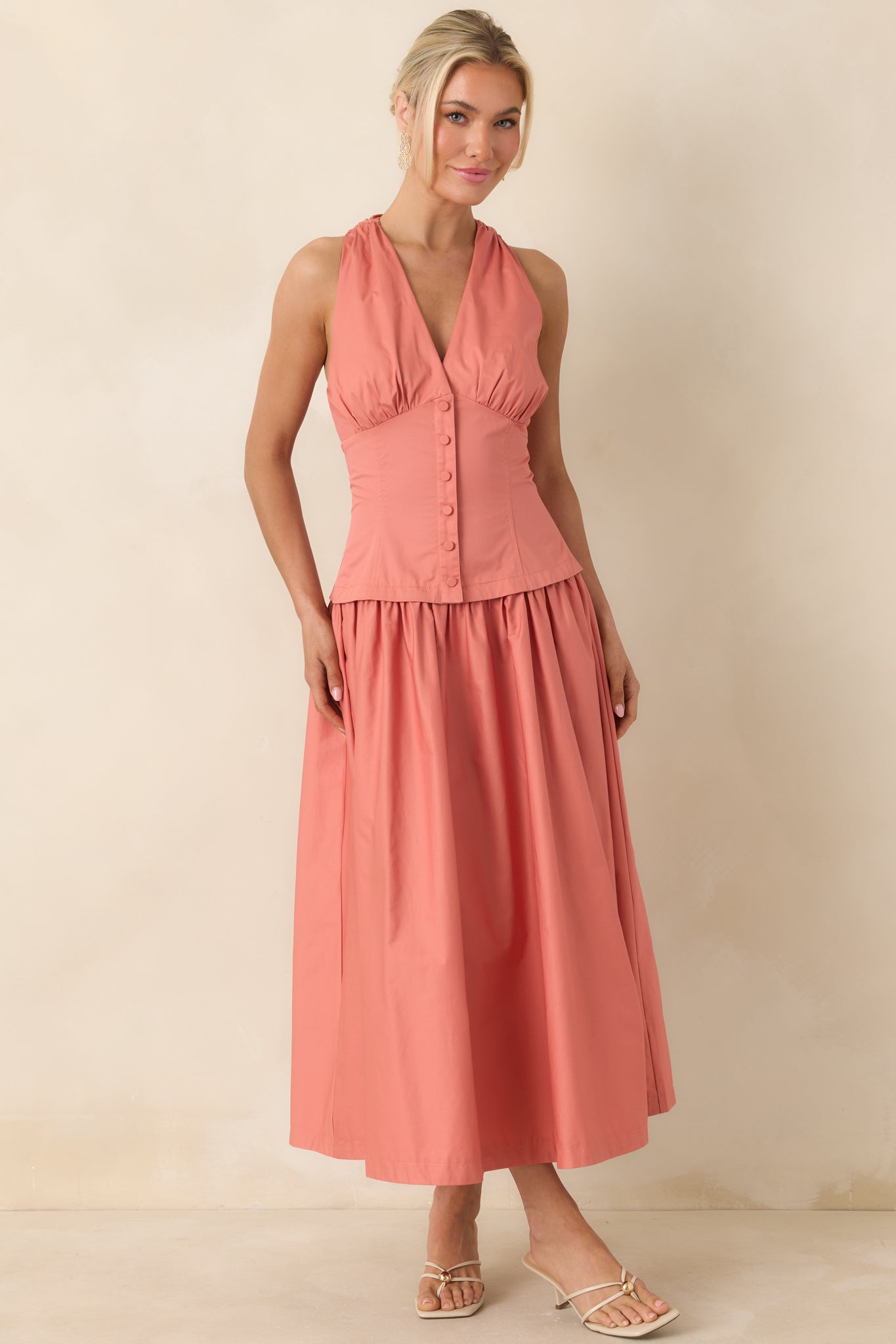 Women's In the Warm Breeze Coral Orange Cotton Structured Bodice Sleeveless Midi Dress | 100% Cotton 5