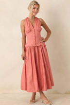 Women's In the Warm Breeze Coral Orange Cotton Structured Bodice Sleeveless Midi Dress | 100% Cotton 6