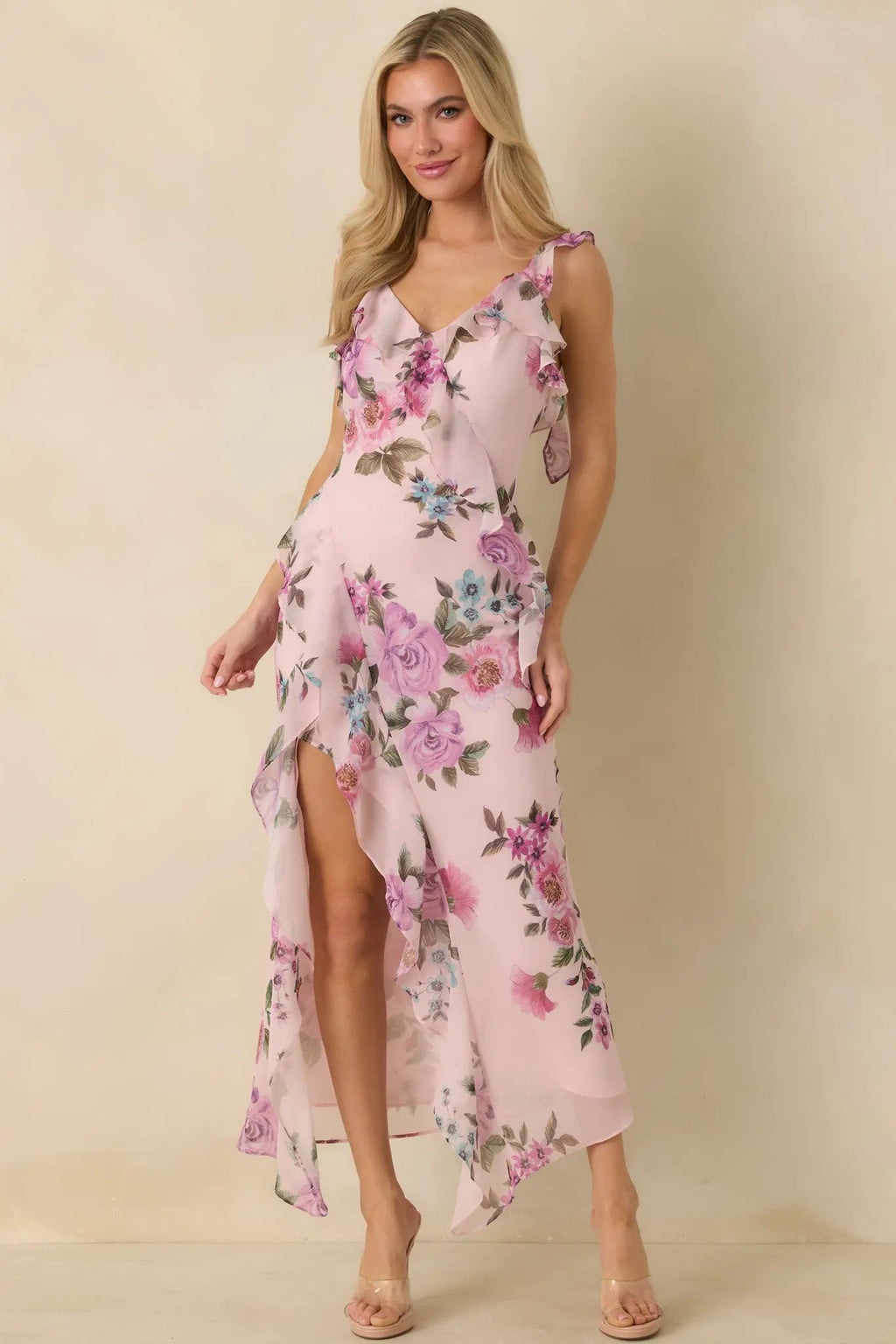 Women's Into the Spell Lavender Multi Floral Ruffle Chiffon Sleeveless Maxi Dress | 100% Polyester 1