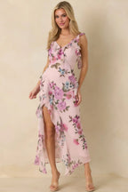 Women's Into the Spell Lavender Multi Floral Ruffle Chiffon Sleeveless Maxi Dress | 100% Polyester 1