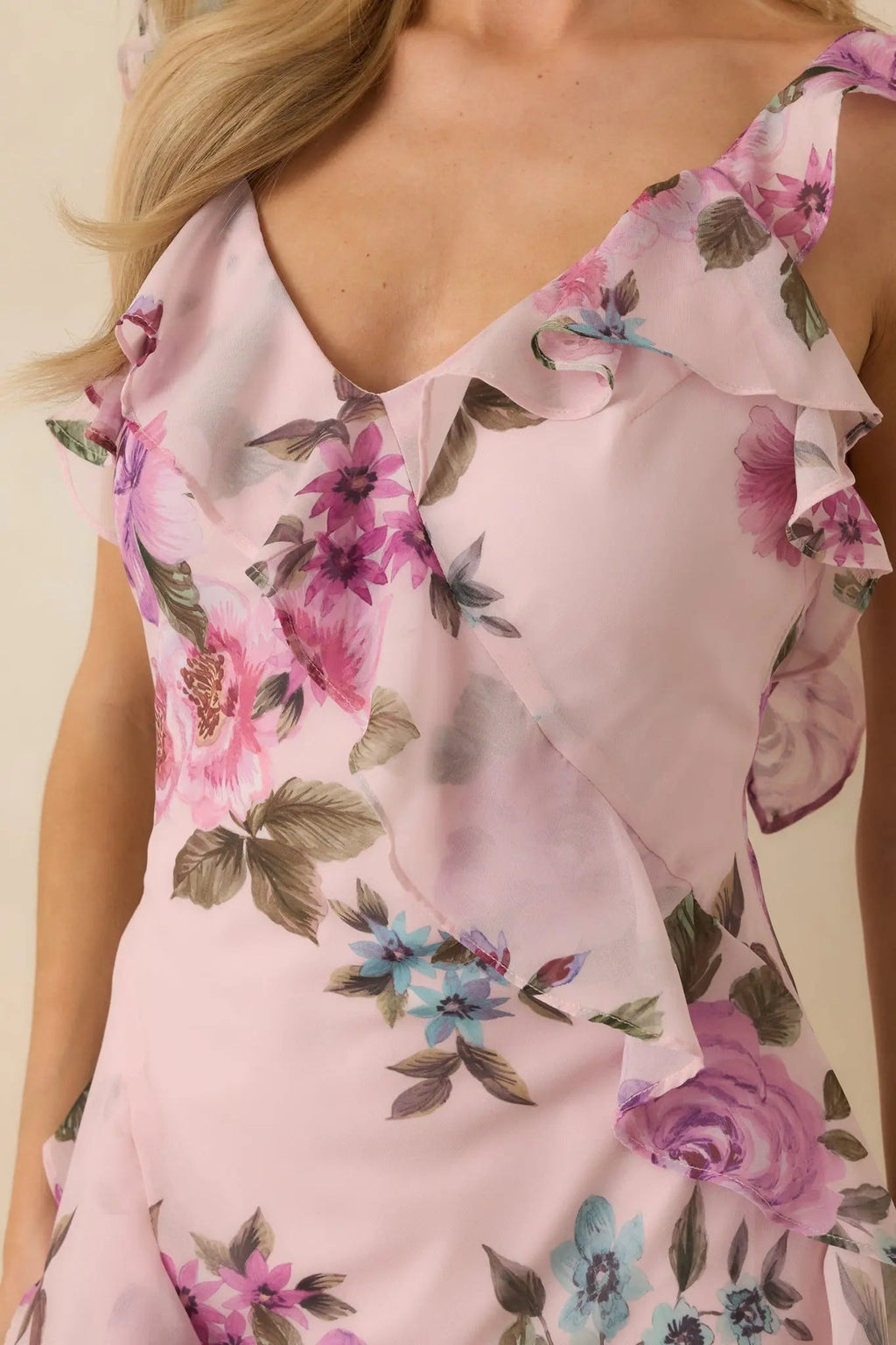 Women's Into the Spell Lavender Multi Floral Ruffle Chiffon Sleeveless Maxi Dress | 100% Polyester 2