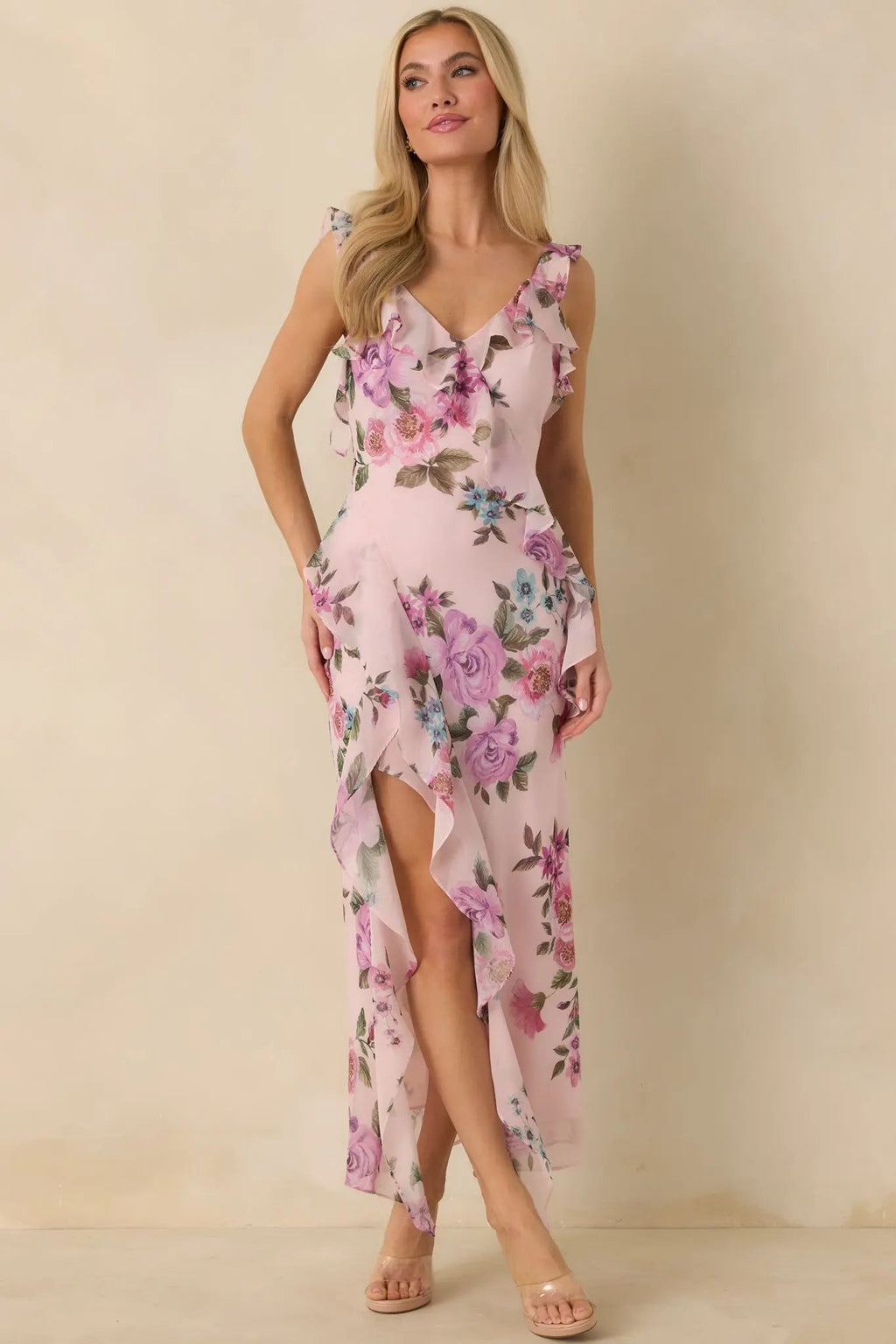 Women's Into the Spell Lavender Multi Floral Ruffle Chiffon Sleeveless Maxi Dress | 100% Polyester 3