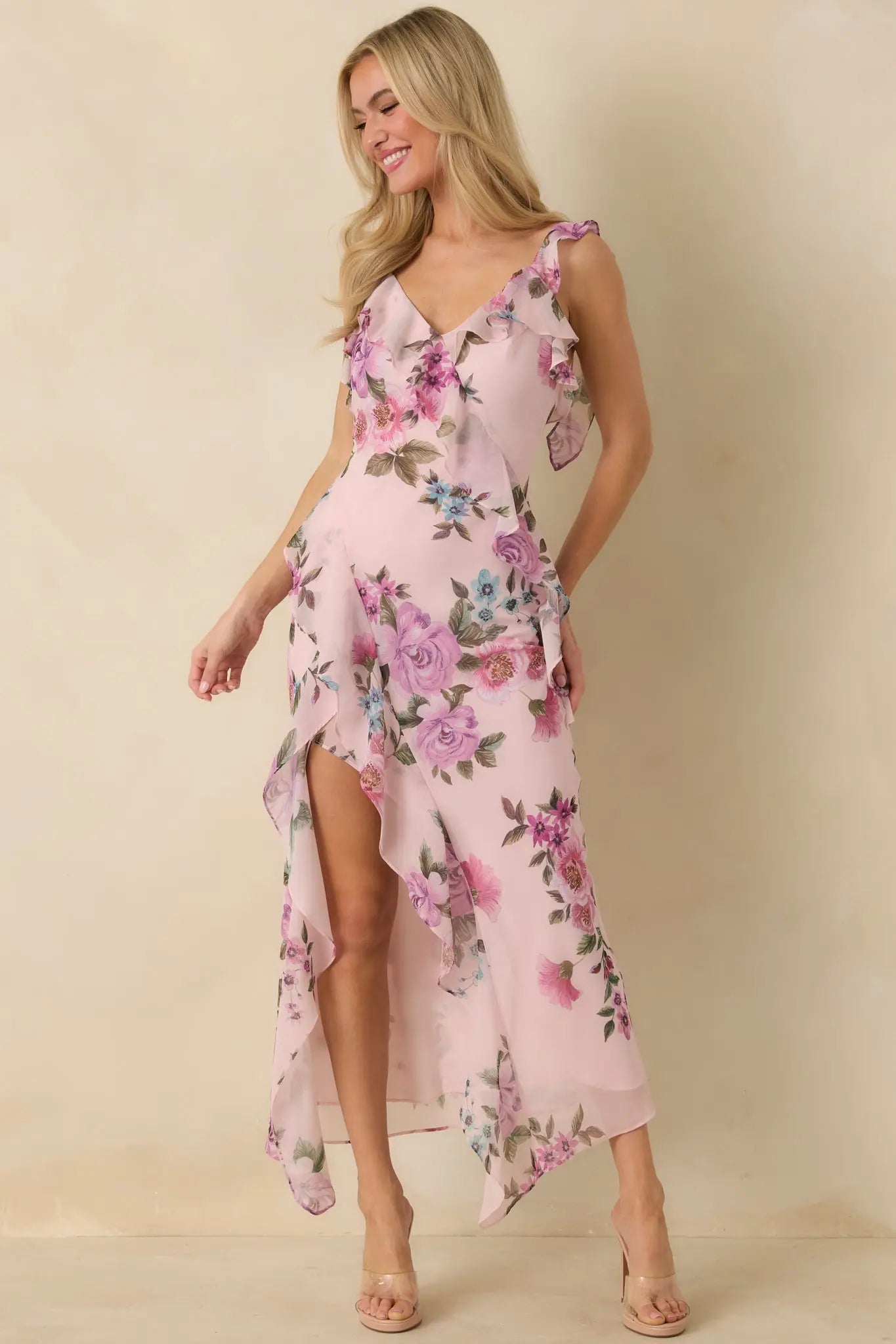 Women's Into the Spell Lavender Multi Floral Ruffle Chiffon Sleeveless Maxi Dress | 100% Polyester 4