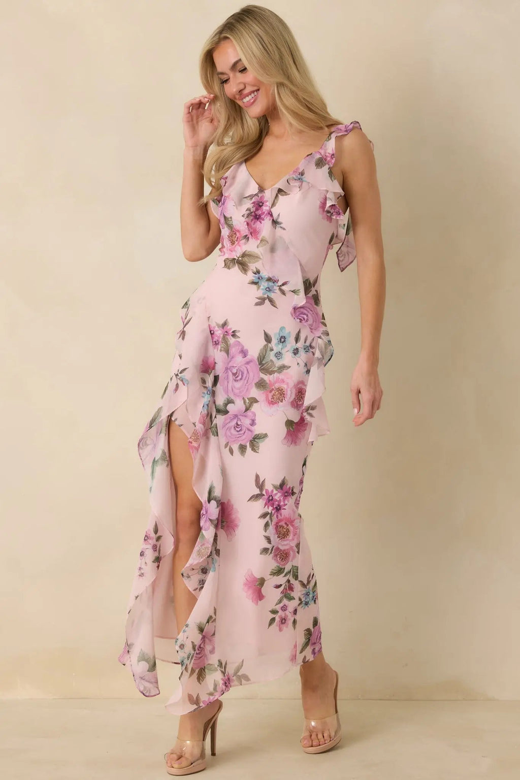 Women's Into the Spell Lavender Multi Floral Ruffle Chiffon Sleeveless Maxi Dress | 100% Polyester 5