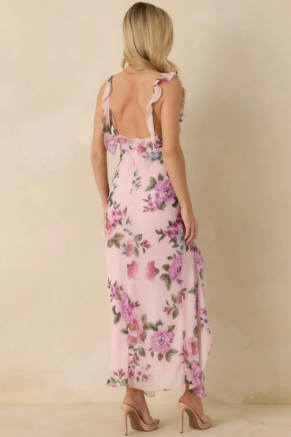 Women's Into the Spell Lavender Multi Floral Ruffle Chiffon Sleeveless Maxi Dress | 100% Polyester 6