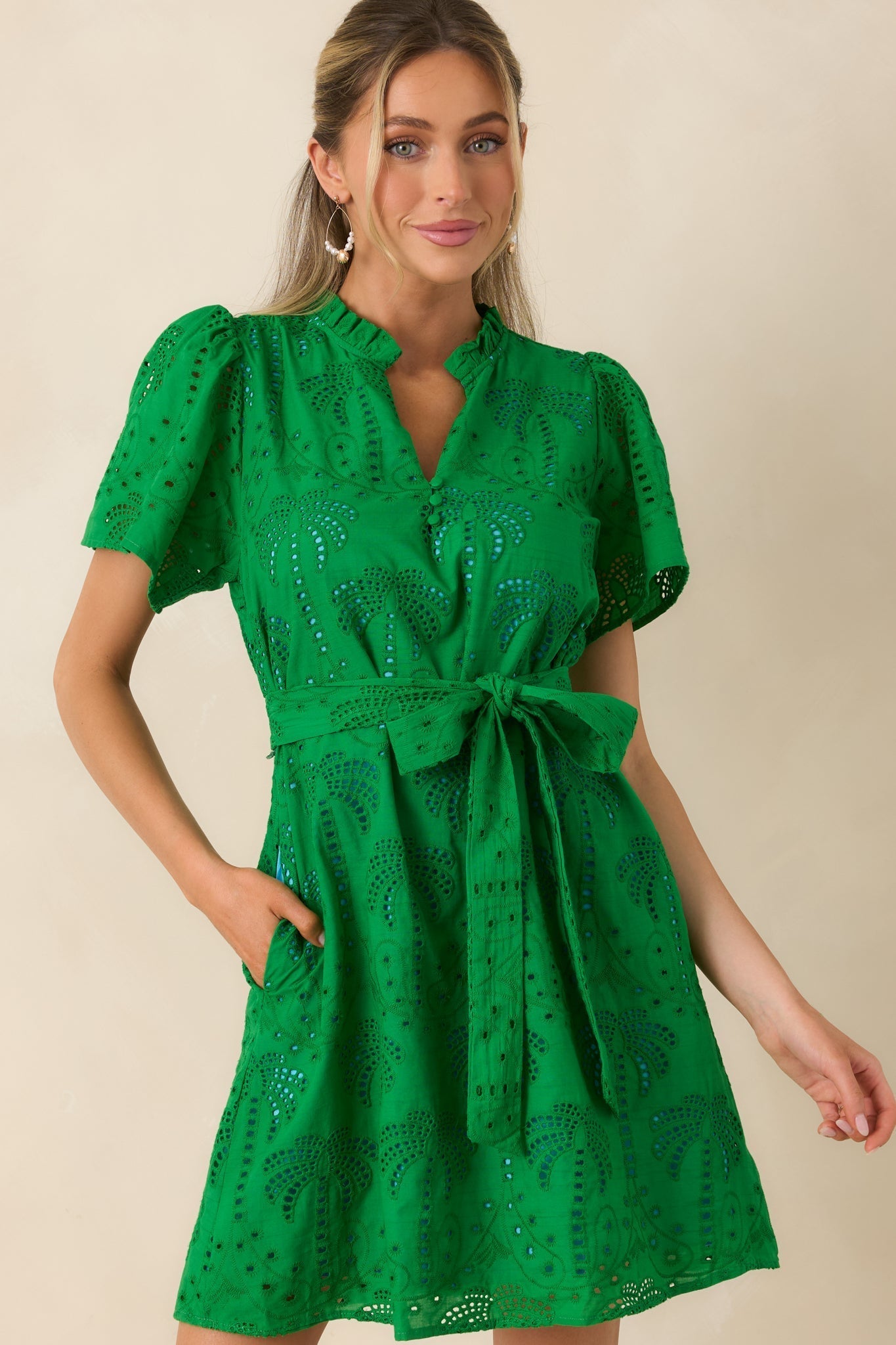 Women's Isn't This Fun Green Cotton Eyelet Tie Waist Mini Dress | 100% Cotton 1