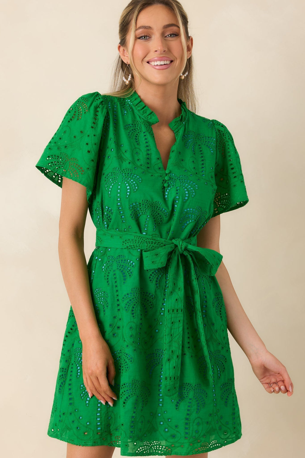 Women's Isn't This Fun Green Cotton Eyelet Tie Waist Mini Dress | 100% Cotton 4