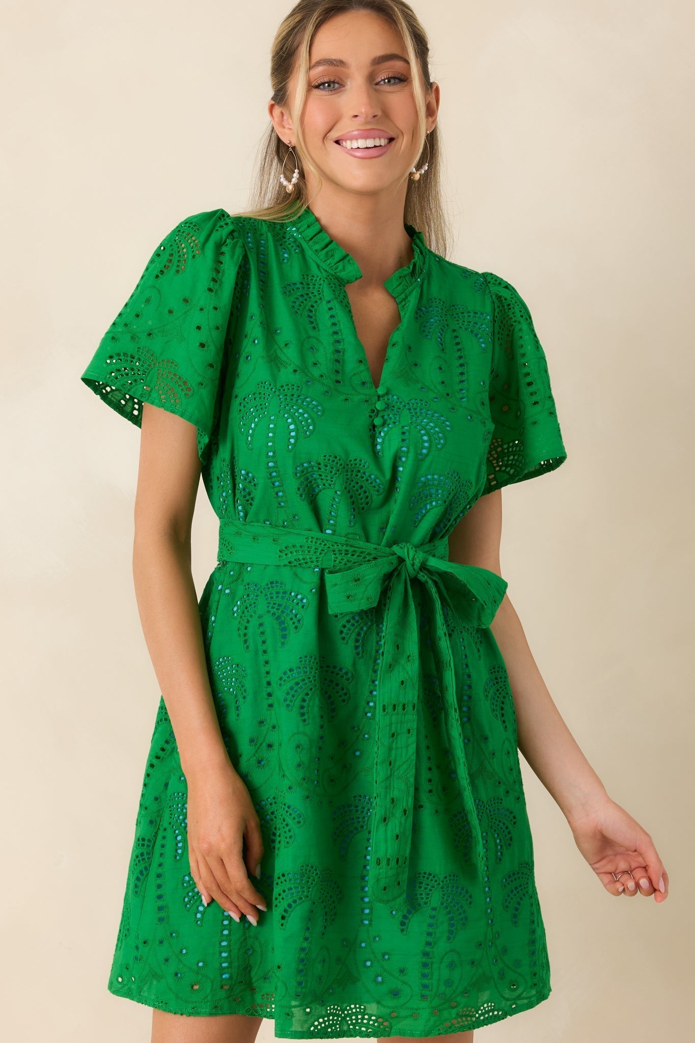 Women's Isn't This Fun Green Cotton Eyelet Tie Waist Mini Dress | 100% Cotton 4