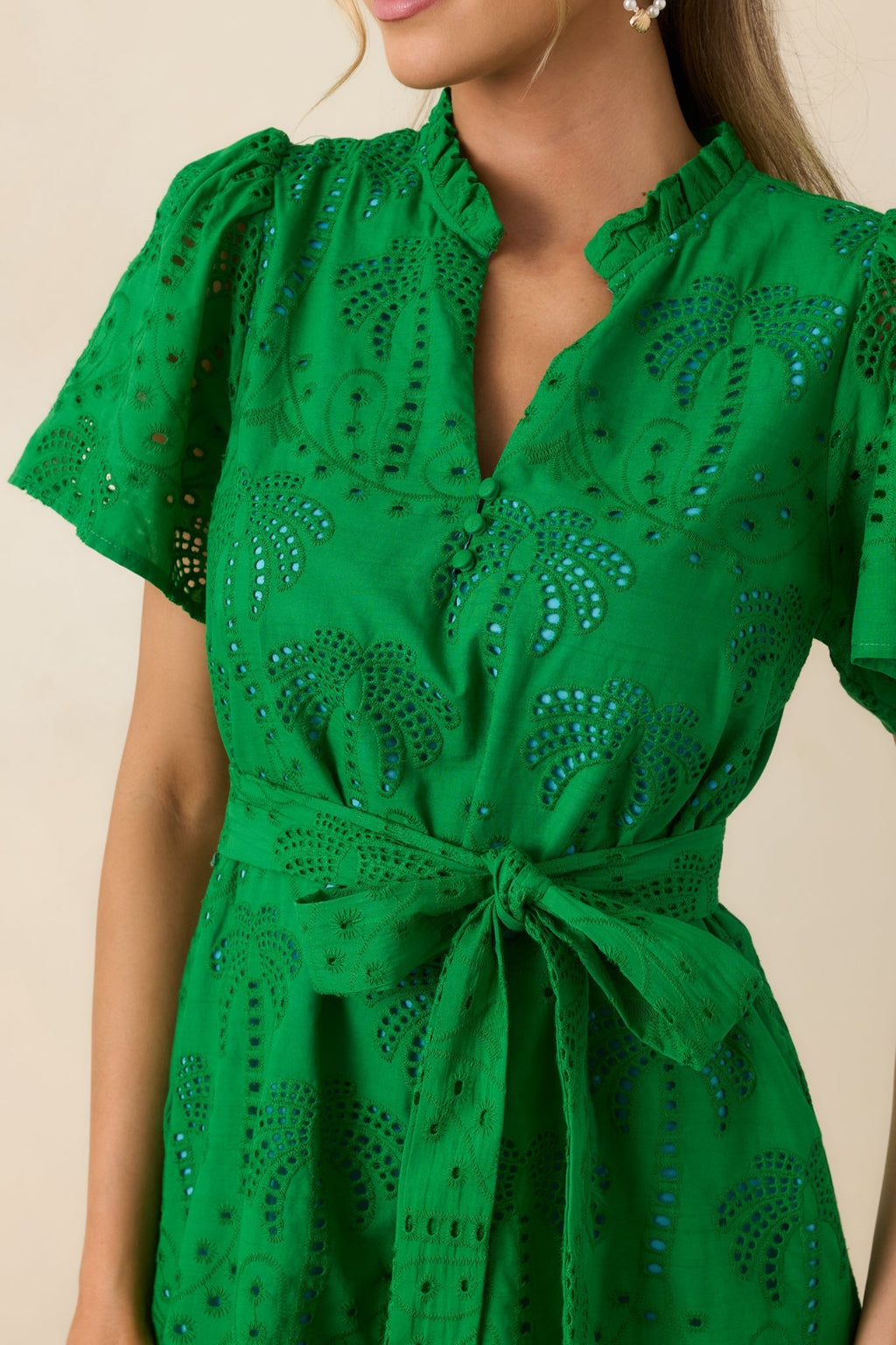 Women's Isn't This Fun Green Cotton Eyelet Tie Waist Mini Dress | 100% Cotton 5