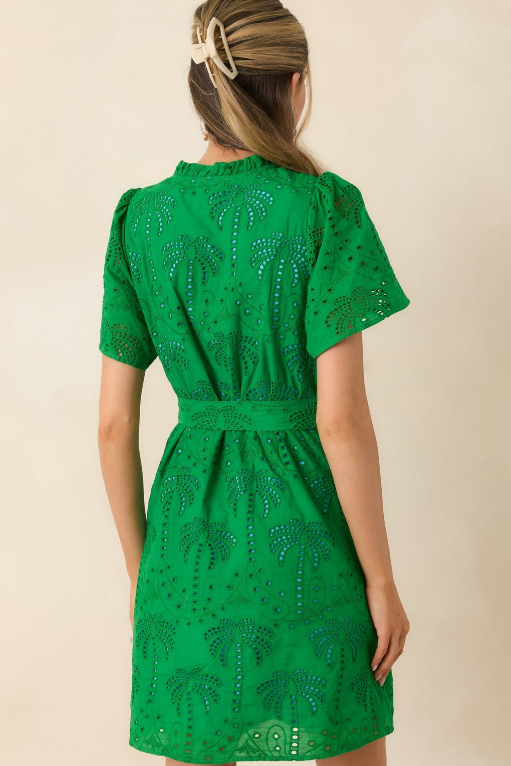 Women's Isn't This Fun Green Cotton Eyelet Tie Waist Mini Dress | 100% Cotton 6