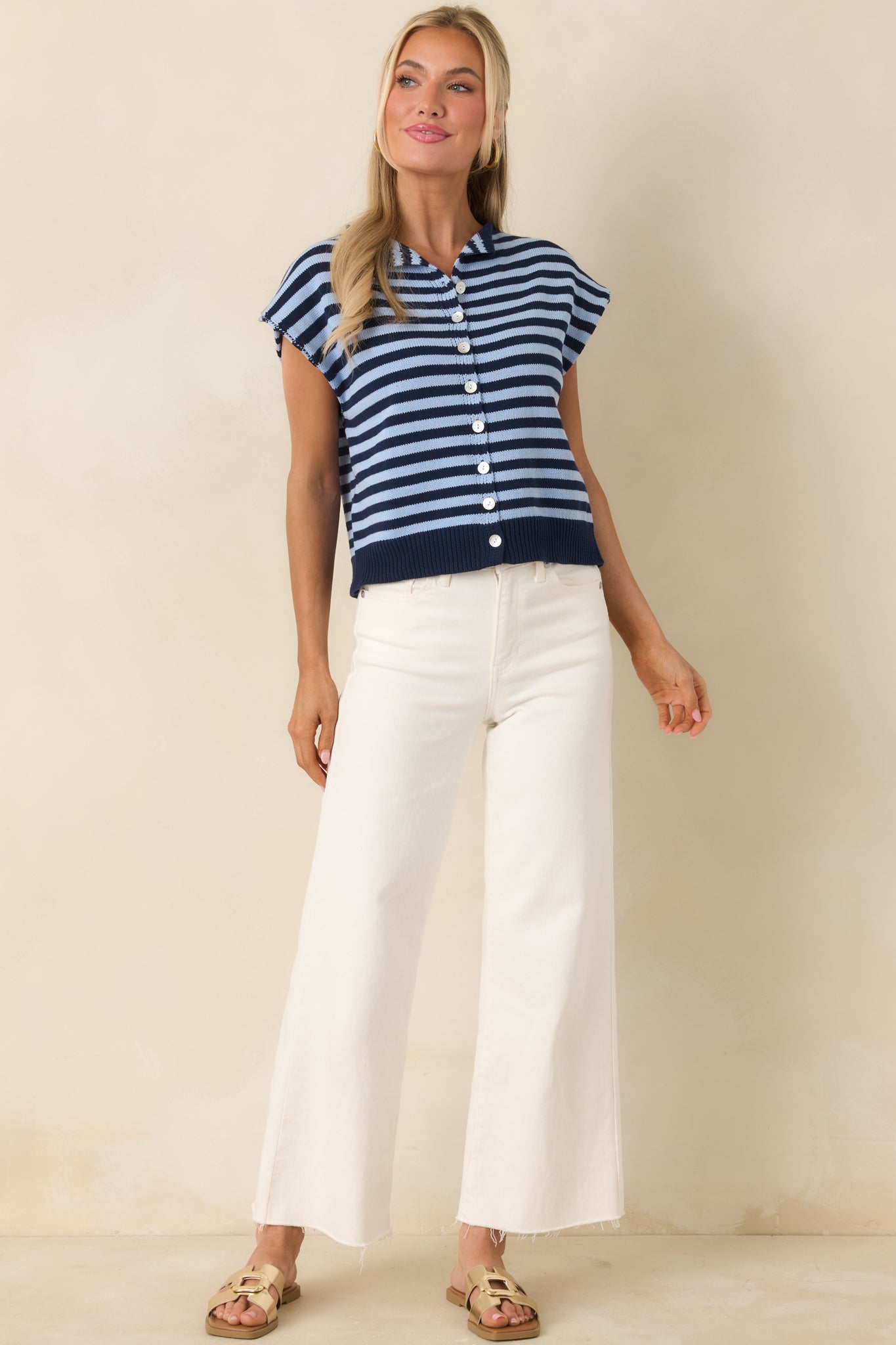 Women's It All Lines Up Navy & Light Blue Stripe Knit Button Front Top | 100% Cotton 1