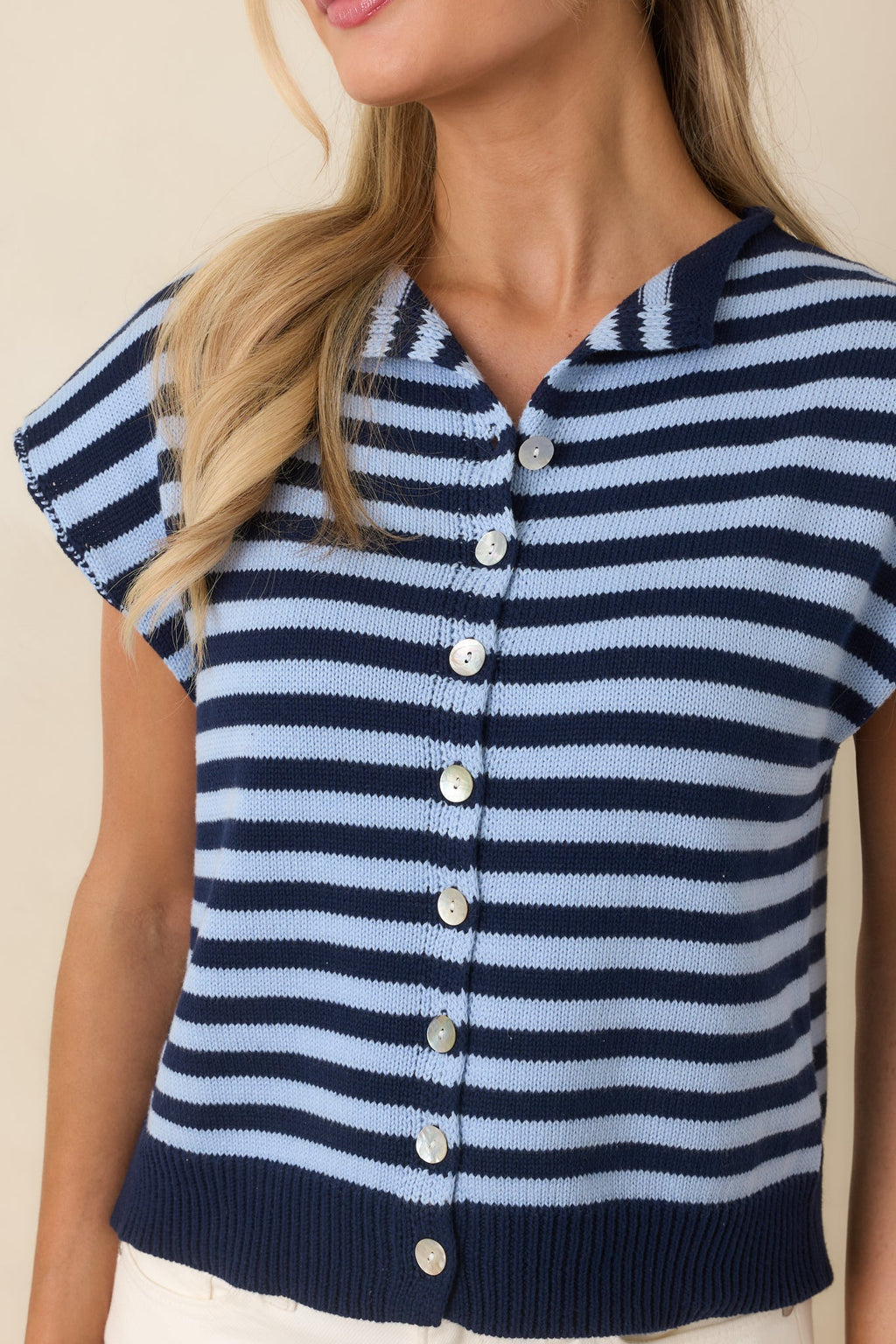 Women's It All Lines Up Navy & Light Blue Stripe Knit Button Front Top | 100% Cotton 2