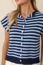 Women's It All Lines Up Navy & Light Blue Stripe Knit Button Front Top | 100% Cotton 2