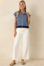Women's It All Lines Up Navy & Light Blue Stripe Knit Button Front Top | 100% Cotton 3